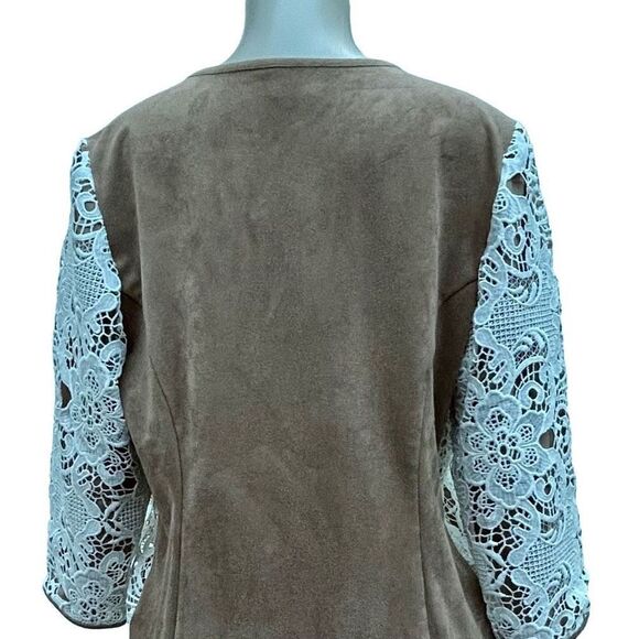 New Chico's Blazer Women's Size 0 (S) Brown & Cream Lace Open Front Suit Jacket - Picture 5 of 11